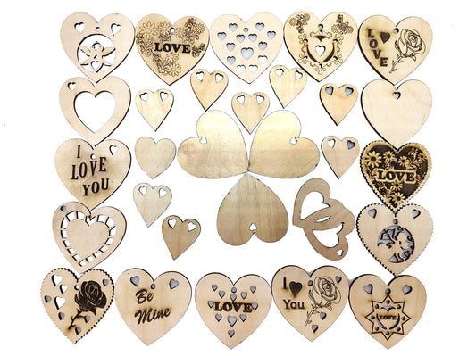 Wooden heart ornament tags, set of 29