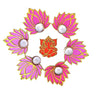 SetpToDo _ Golden & Pink Lotus Wooden Cutouts with Diya | Set of 12 | Lotus Cutouts + Tea Light Candle/Diya + Golden Candle Holder (T338)