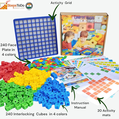 StepsToDo Creative Interlocking Cube Pattern Activity Kit. Build & Learn Educational Activity Kit. Math Teaching Aid. Includes 240 Cubes, 240 face Plates, 20 Activity mat, 1 Grid, User Manual