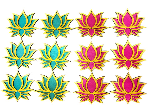 StepsToDo _ Golden Framed Lotus Flower Shape Wooden Cutout (Set of 12) | Rose Pink (6) & Ocean Blue (6) | DIY Rangoli | For Diwali, Dashera, Pooja, Festival, Wedding Decorations | Festive Gift (T322)