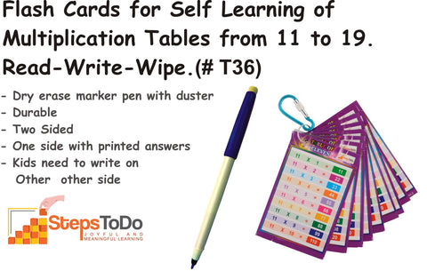 Flash Cards for Self Learning of Multiplication Tables from 11 to 19. One Sets of 9 Flash Cards. With Key Chain Ring and Dry Erase Marker Pen. Read-Write-Wipe & Reuse.