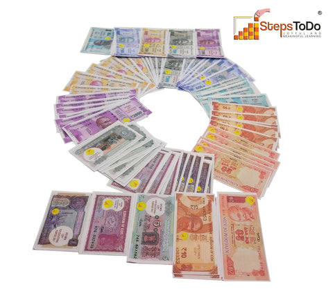 StepsToDo _ Dummy Currency Class Room Kit (Total 480 Notes) | Latest Design, Real Looking, Thin Paper, Relative Varying Size with Activity Manual | Learn Money Skills (T124)