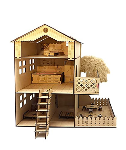 Doll House and Furniture Making & Painting Kit | Premium Pine Wood 3D Toy House | Easy to Assemble & Disassemble | Easy Interlocking with Additional Rubber Band Fitting | No Hammer, Glue Required (T290)