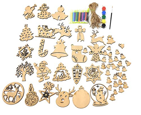 StepsToDo _ Christmas Decoration Ornament Making Craft Kit (Total 50 pcs) | Decorate & Paint Your Own Wooden Ornaments Kit | DIY Xmas Holiday Activity Kit (T309)