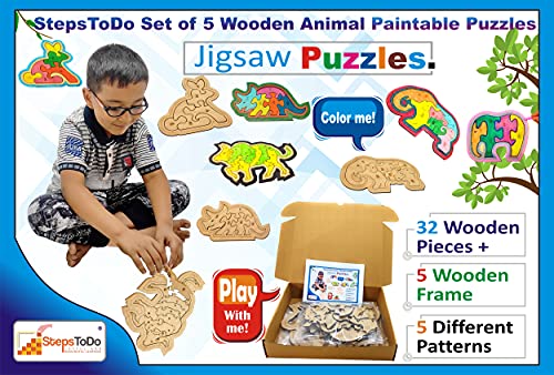 Set of 5 Wooden Jigsaw Puzzles. Paintable Animal Puzzle Set for Early Education and Home Schooling. Montessori Learning Toys (32 Wooden Pieces + 5 Wooden Frame) 5 Different Patterns (T294)