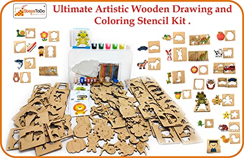 StepsToDo _ Ultimate Artistic Wooden Drawing and Colouring Stencil Kit | DIY Wooden Drawing Stencil, Colouring, Puzzle Kit | Wooden Craft Kits (T296)