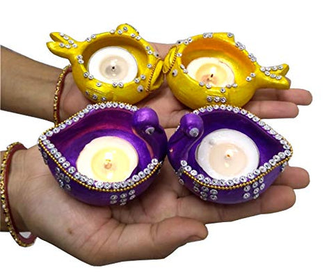 StepsToDo _ Clay Fish and Peacock Diya (Set of 4) | Handmade Earthen Clay Diya/Lamp | Home Decor | Festive Decoration (V0-93EP-PUCL)