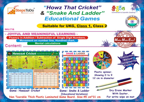"Howz That Cricket" and "Snake & Ladder". Set of two Educational Board Games for Learning Single Digit Additions/Subtraction