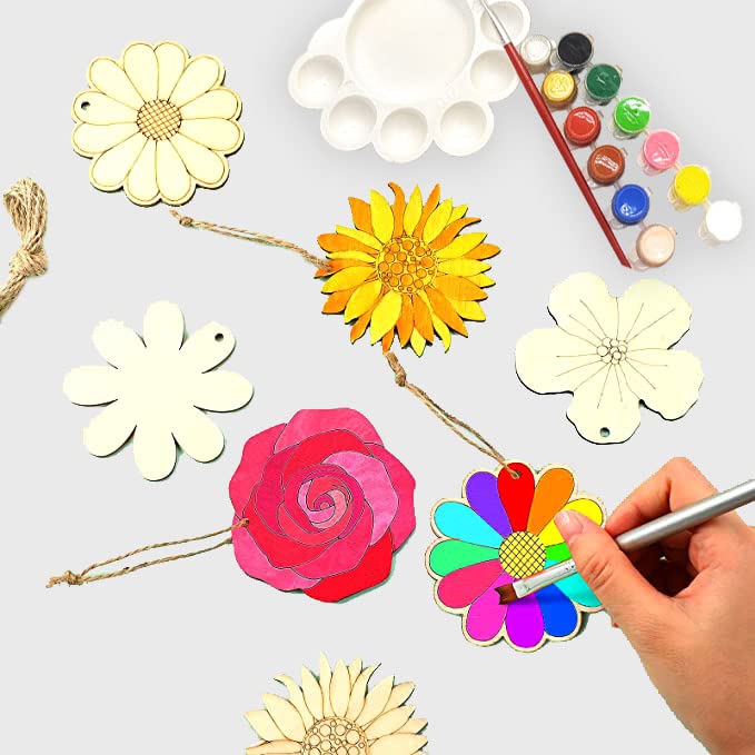 Decorative Flower Cut-Out Craft Kit (Set of 50) | 5 Different Flower Cut-Out (10 Cutouts of Each flower) | Unfinished Wooden Cut-Outs Tags | DIY Crafts Painting Festive Gift Set (T325)