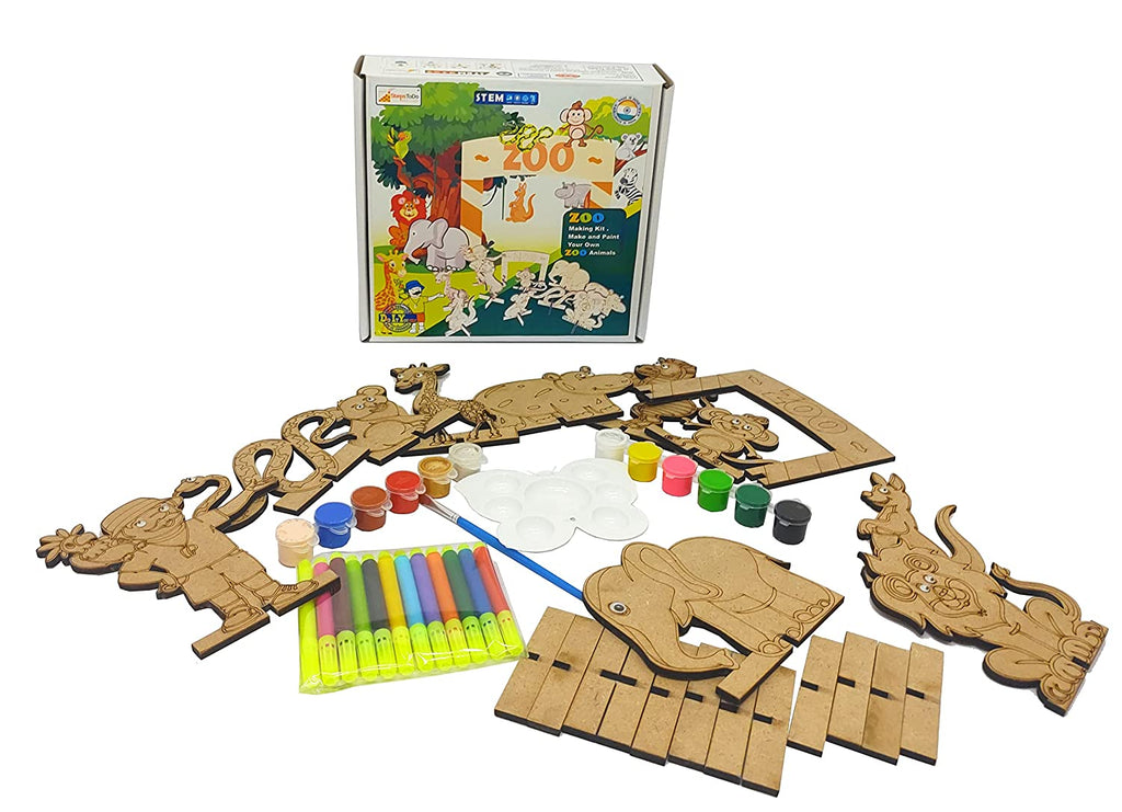 Zoo Making Kit . Make and Paint Your Own Zoo Animals. Set of 10 Zoo Animals with Standee, 1 Ring Master, 1 Zoo Banner, 12 Bright Painting Colour, 12 Sketch Pen, and Unlimited Fun (T323)