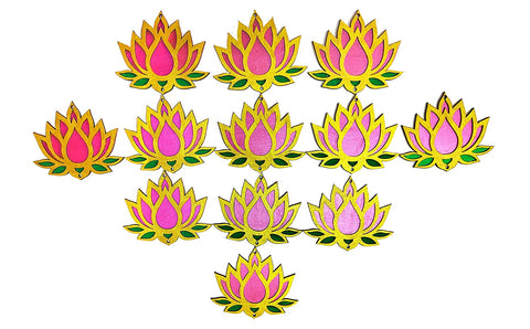 StepsToDo 'Rose Pink - Golden' Lotus Flower Wooden Cutouts (Set of 12) | DIY Rangoli Kit | For Rangoli, Diwali, Dashera, Festival, Wedding Decoration (T327)