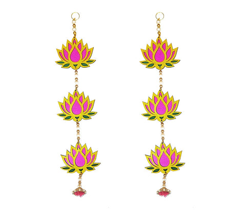 StepsToDo _ Golden & Rose Pink lotus Wind Chime (52 cm X 11.5 cm) | Three Lotus Toran | Handmade Lotus Garlands Wall Hanging | Decoration for Ganapati, Diwali, Dashera, Decorations, Festival Gift, Wedding Decoration (T328)